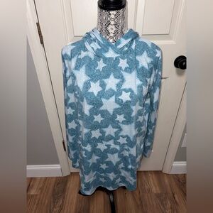 Lularoe Amber American dreams denim teal blue star print hoodie pullover XL